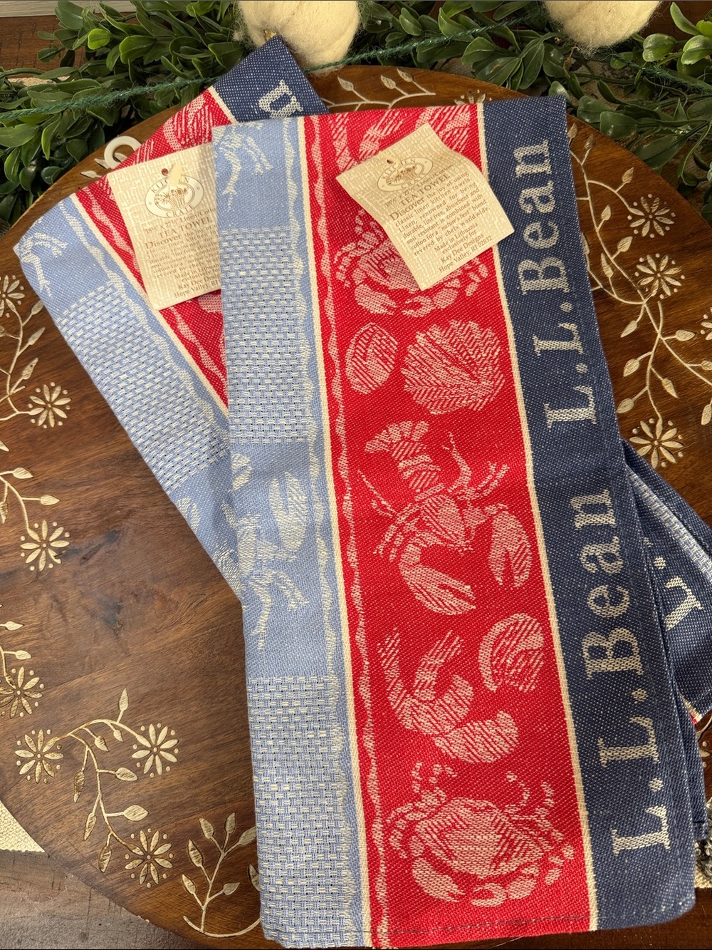 L.L. Bean Red and Blue Nautical Woven Kitchen Towels NWT